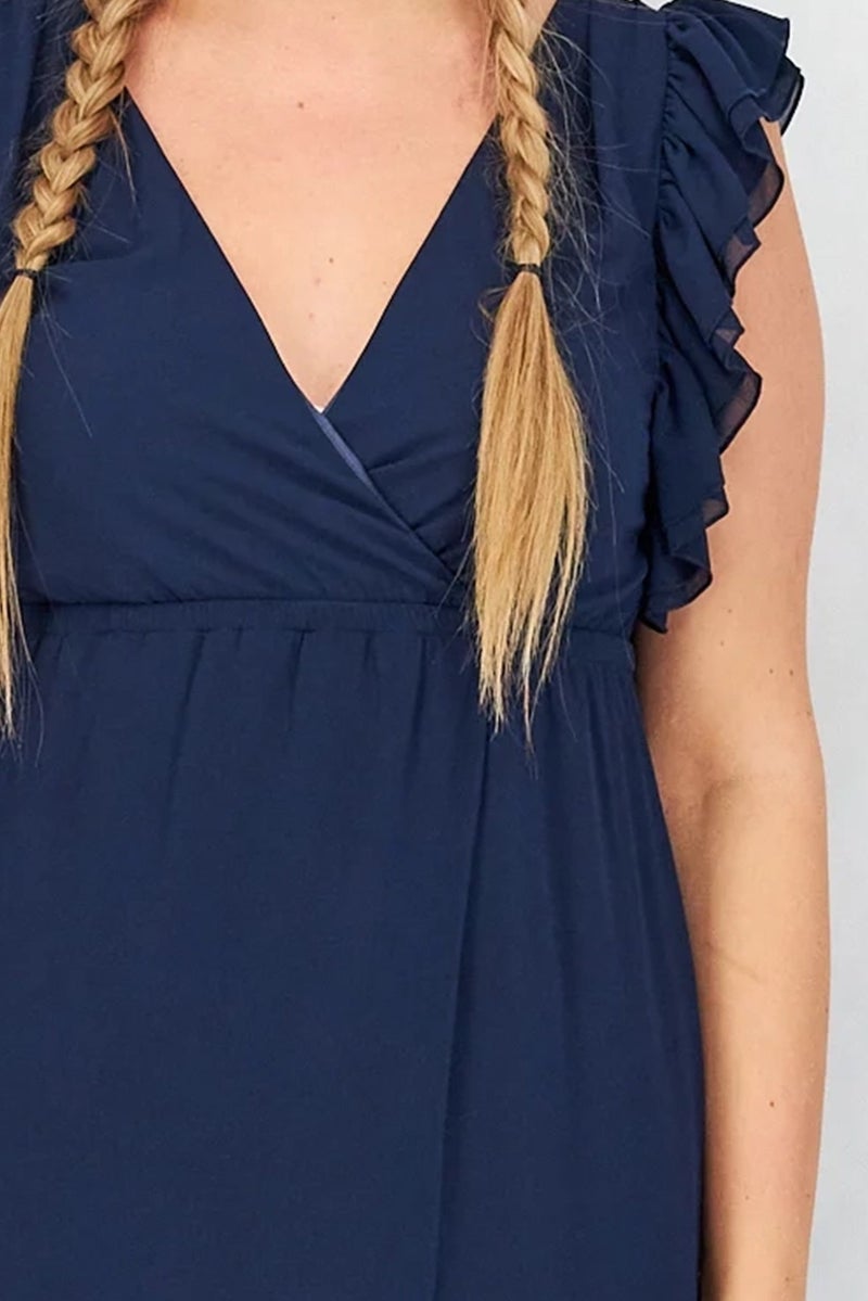 TWINSET Women Solid Ruffle Sleeve Maxi Dress, Navy - Image 5